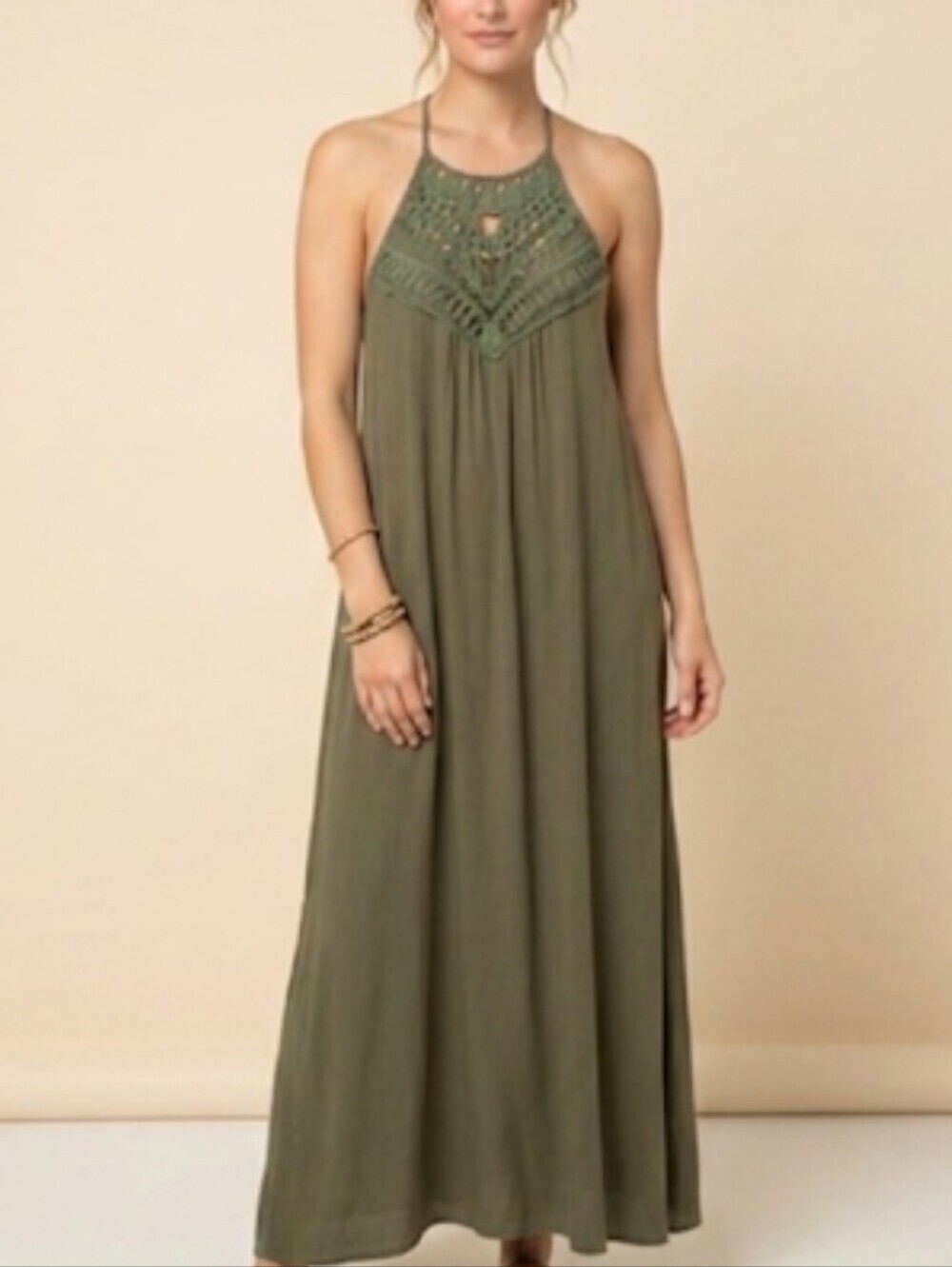 Olive Halter Maxi Dress Women's Large Boho-Chic Crochet Neckline